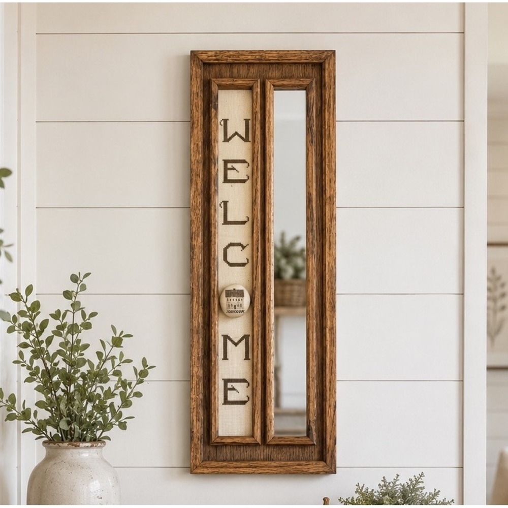 Vintage Wood Frame Welcome Mirror Cross Stitch Wall Hanging Rustic Country Decor